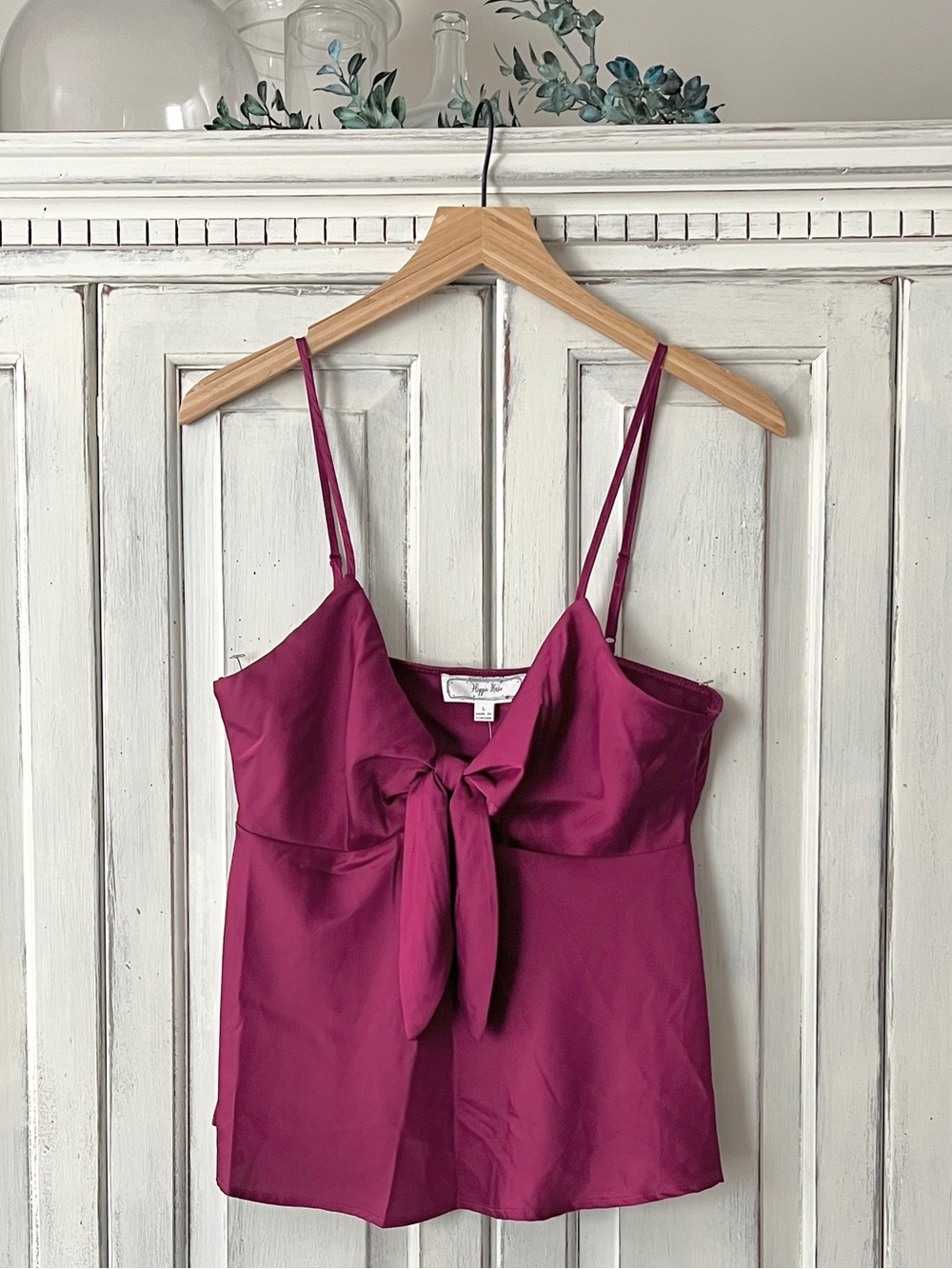 NWT HIPPIE ROSE Satin Bow-Front Peplum Cami in Lush Berry